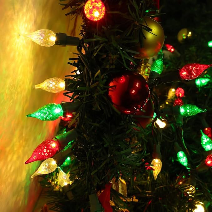 GlowVibe Red White and Green Christmas Lights, 19ft 70 LED Faceted C5 Glass Bulb Outdoor String Lights, Extendable Green Wire for Indoor Xmas Tree Garden Patio 120V ETL Certified
