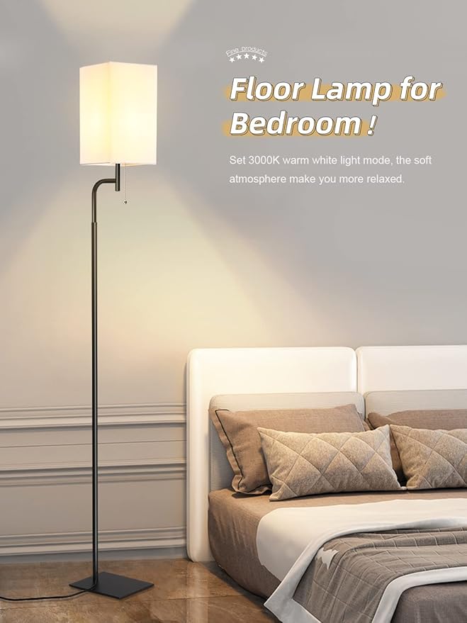 Modern Floor Lamps with 3 Color Temperatures, Minimalist Pole Lamp with Square Linen Shade & Flat Base for Living Room, Bedroom, Office or Kids Room