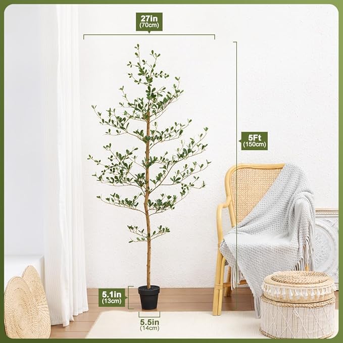 Artificial Black Olive Tree 5FT Indoor Outdoor Decor Faux Plants - Real Wood Trunk Fake Tree with Green UV Resistant Leaves - Tall Floor Plant for Modern Home Office Living Room Decoration