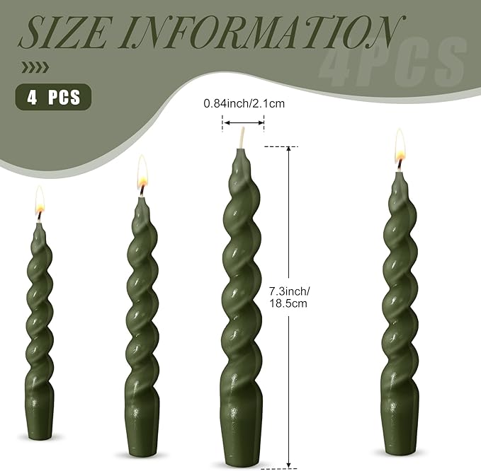 Zhengmy 4 Pcs Olive Green Spiral Taper Candle 7 Inch Twisted Long Wax Dinner Candlestick for Fall Halloween Christmas Holiday Valentines Wedding Birthday Baby Shower Table Decor(Solid)