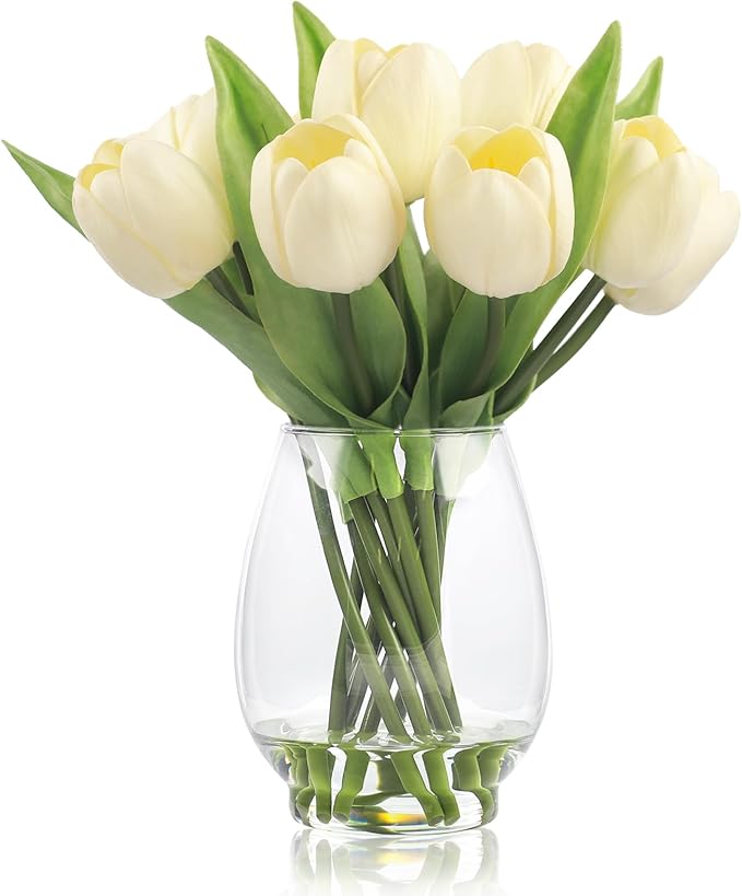 WELL KNOWN 12 Pcs Tulips Artificial Flowers in Vase, Real Touch Tulips with Vase with Upgrate Acrylic Water Flower Arrangements Centerpiece for Dining Room Table Decoration（Cream）