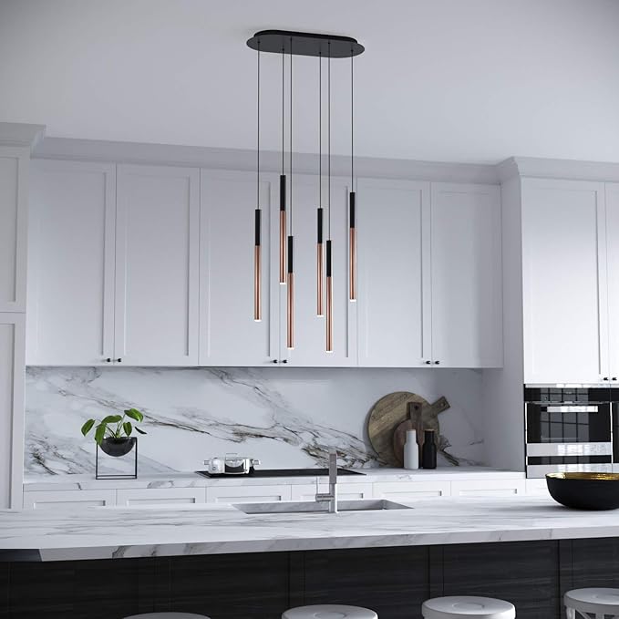 ALTAIR 6 Mini Pendant Lighting Black-Copper - LED Hanging Light Fixture for Kitchen Island, Bar, Foyer - Cluster Pendants - Dimmable, Adjustable Wire, Lamp Bulb Included