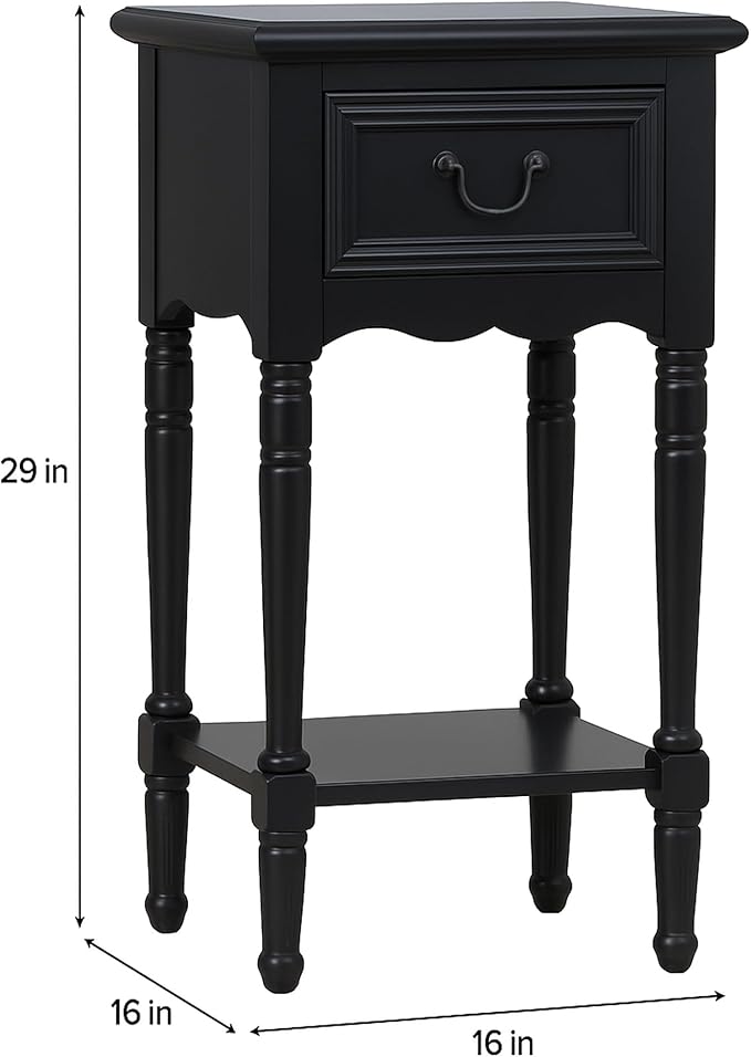 Urban Designs Wooden Accent Table/Nightstand with Drawer and Bottom Shelf – 29" H, 16" L x 16" W - Black