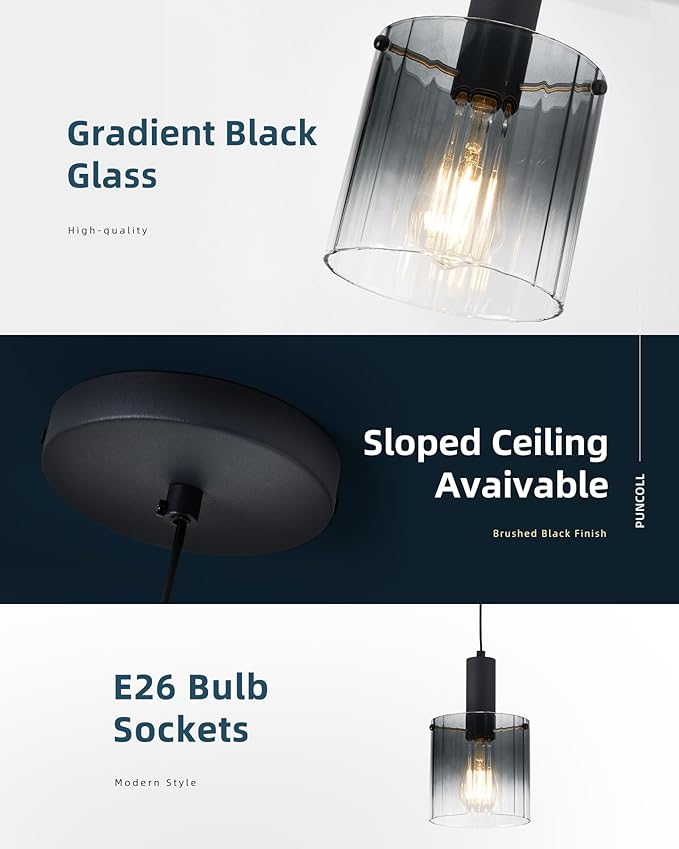Black Pendant Lighting for Kitchen Island - Pendant Light Fixtures with Gradient Color Glass for Kitchen Sink Dining Room Bedroom, H3959-1-SMBK