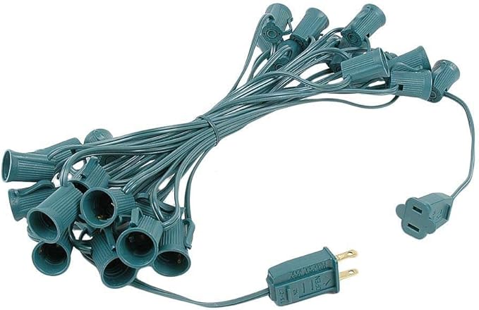 25 Foot C9 Blue Ceramic Christmas String Light Set - Outdoor Roofline Light String - Opaque Bulbs - Green Wire