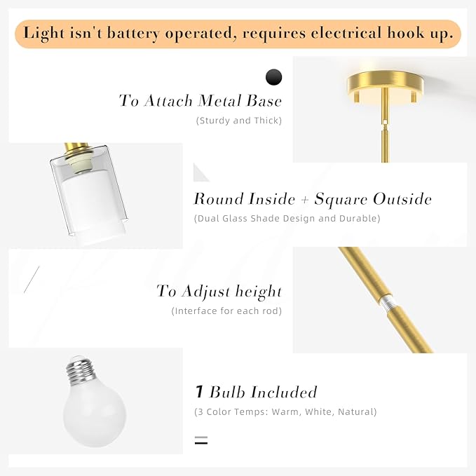 Pendant Light Kitchen Island Lighting 2 Pcs, Height Adjuatable Rod Clear Dual Glass - with 3 Color Temperatures Bulb & Remote Control, Farmhouse Hanging Lighting Fixture for Dining Room Bedroom