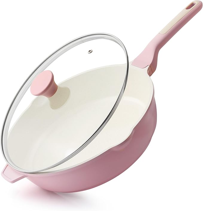 SENSARTE Nonstick Skillet with Lid 12-inch, 5QT Ceramic Deep Frying Pan, Non Toxic Saute Pan with Lid, Stay-cool Handle, Healthy Cooking Pot, Induction Compatible, Sakura Pink
