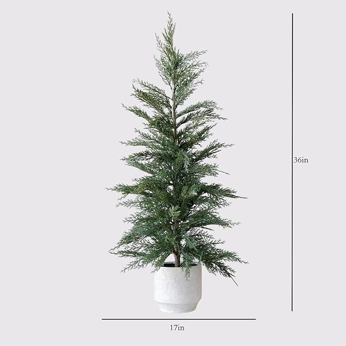 CG Hunter Holiday Collection, Set-of-1 Faux Evergreen Cedar Trees, Premium Artificial Indoor Cedar Tree Stands 36" Tall in Creme Pot–Perfect Christmas Decoration