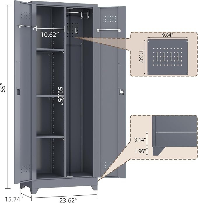 GREATMEET 65" Garage Storage Cabinet, Broom Closet Storage Cabinet, Metal Cabinets with Doors and Shelves, Utility Closet for Brooms and Mops, Utility Cabinets for Storage, Grey