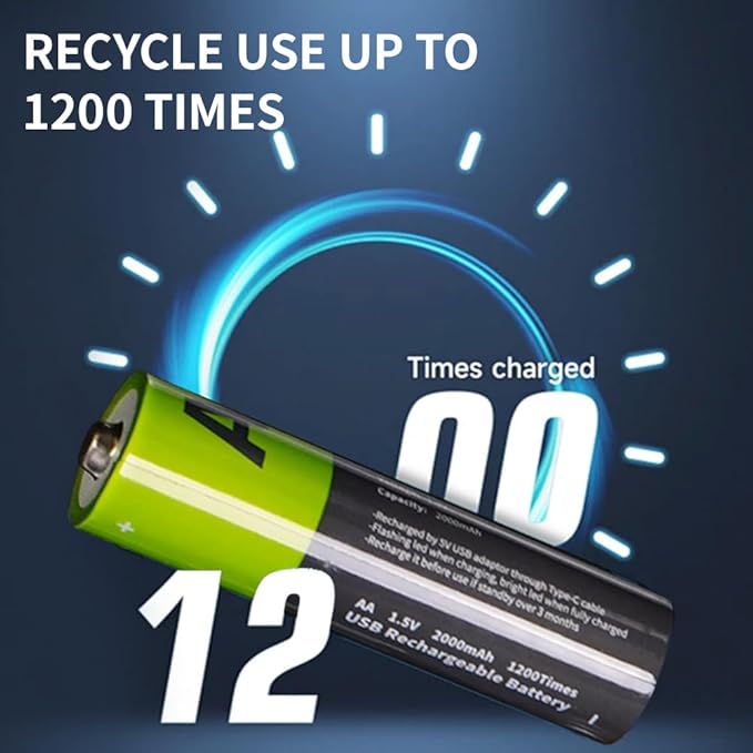 2000mAh USB-C Rechargeable AA Batteries, 1200 Cycles Life, Fast Charging with Type-C Cable, for Gaming Controllers, Mouse, Keyboard & Home Electronics, Black Green (8)