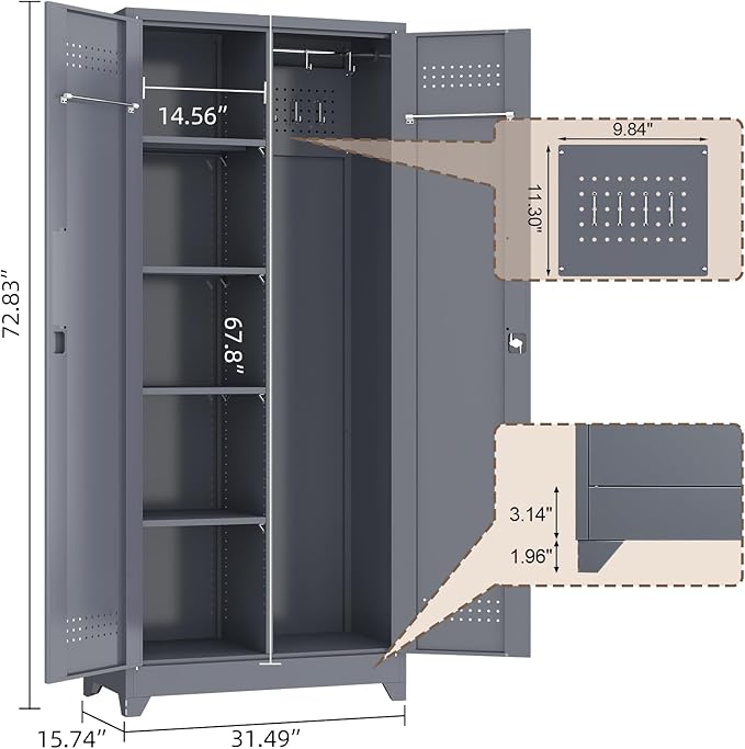 GREATMEET 72.8" Broom Storage Cabinet，Metal Storage Cabinets for Cleaning Supplies with Pegboard, Utility Closet, Broom Mop Cabinet, Grey