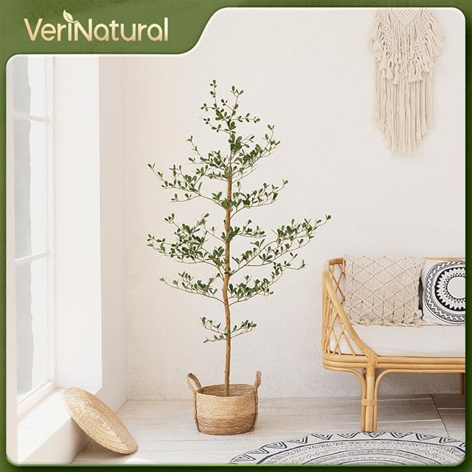 Artificial Black Olive Tree 5FT Indoor Outdoor Decor Faux Plants - Real Wood Trunk Fake Tree with Green UV Resistant Leaves - Tall Floor Plant for Modern Home Office Living Room Decoration