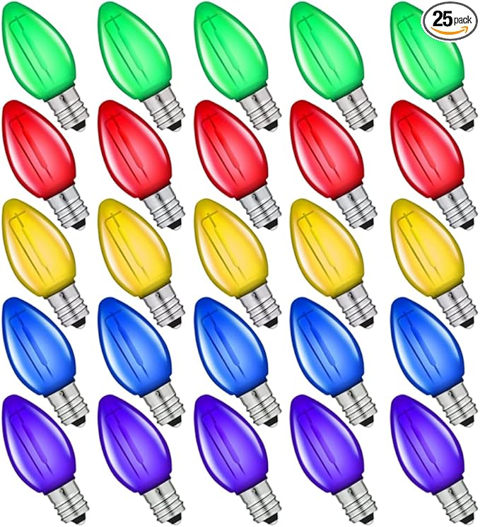 NETEHA 25 Pack C7 Multicolor Led Replacement Christmas Light Bulb, C7 E12 Base 120V Waterproof Led Bulbs for Christmas Outdoor String Lights, Halloween Decoration Bulb