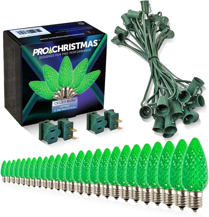 Pro Christmas C9 LED Christmas Light Kit for Rooflines & Pathways – DIY Cut to Length, Outdoor Commercial Grade (Green Wire w/Vampire Plugs, 25 Bulbs, 25 ft) Green