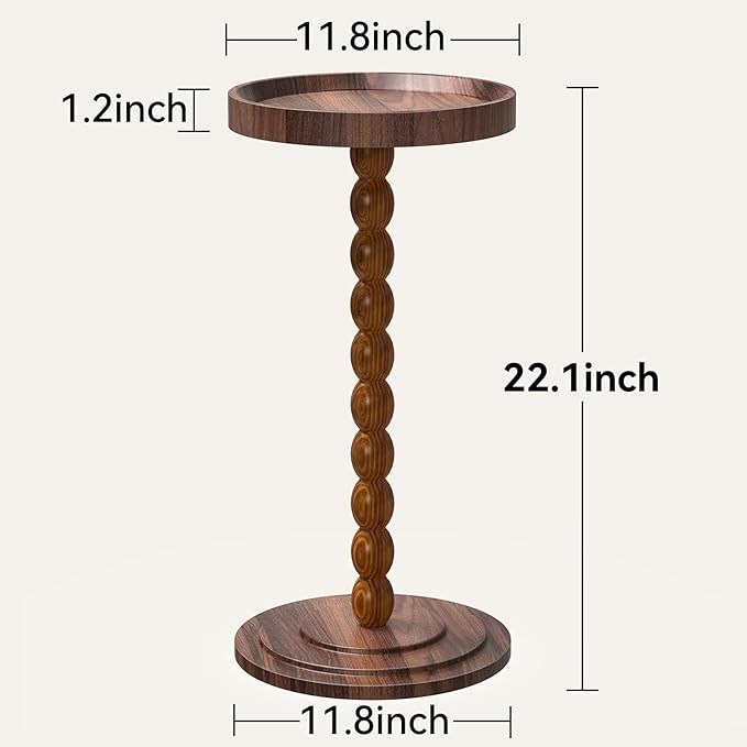 Round Side Table, Small Drink Table for Small Spaces, Martini Table with Raised Edge, Pedestal Side Table for Living Room, Bedroom,Sofa and Couch