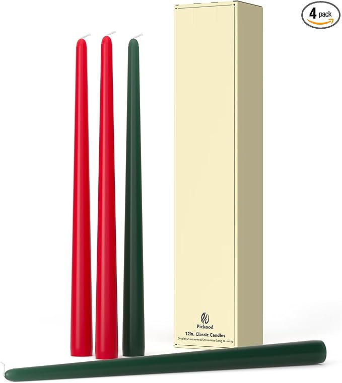 12-Inch Tall Dripless Taper Candles Set of 4 - Red and Green Tapered Candles, Perfect for Christmas - Smokeless, Unscented, Long Burning - Hand Poured, Colored Tall Candlesticks - Christmas