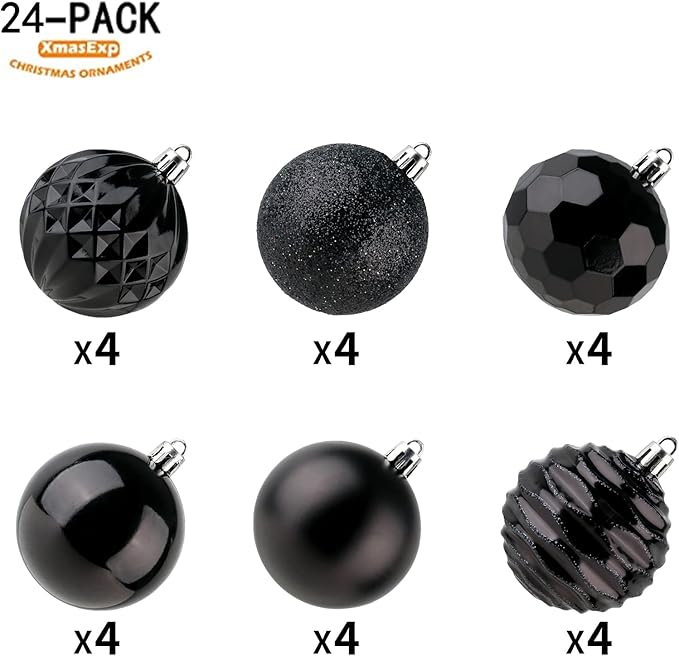 XmasExp Christmas Ball Ornaments (2.36", Black) 24ct Shatterproof Xmas Tree Hanging Balls Decorations Perfect for Halloween Decorations