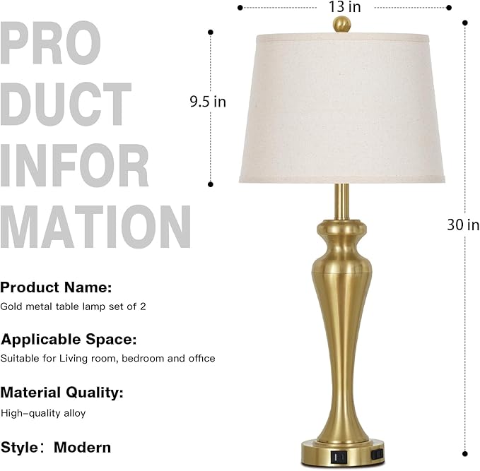 30" Gold Table Lamps Set of 2, 3-Way Dimmable Touch Lamps for Nightstand with USB A+C Ports and AC Outlet, Tall Bed Side Lamp for Living Room, Modern Brass Lamp for Bedroom Side End Table