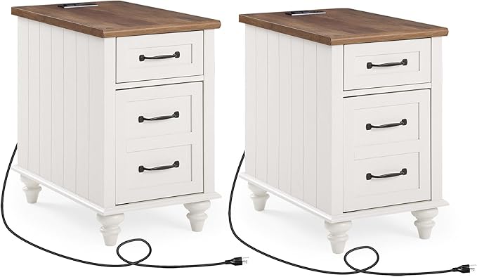 WAMPAT 2 Pack End Tables with Charging Station, Farmhouse Side Table with Drawer & Storage Cabinet, White Nightstand with Power Outlets & USB Ports for Living Room, Bedroom