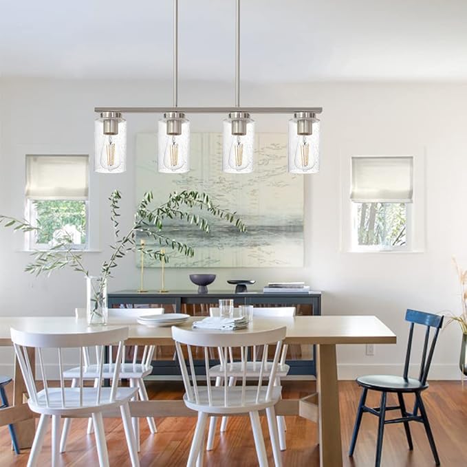 TODOLUZ 4-Lights Kitchen Island Pendant Light Fixture with Seeded Glass Shade, Brushed Nickel Hanging Ceiling Lighting for Farmhouse Dining Room