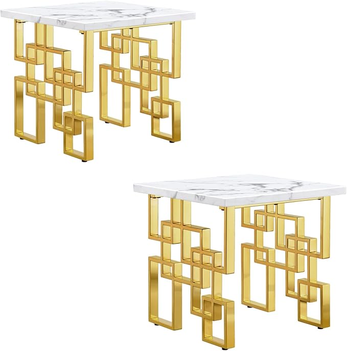 AUZ Gold End Table Set of 2, Modern Square Living Room Side Table with White Top and Gold Mirrored Metal Geometric Base