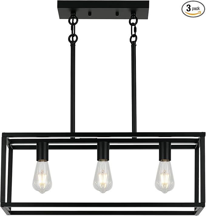 XILICON Kitchen Island Lighting 3 Black Farmhouse Modern Linear Chandelier Industrial Dining Room Rectangular Light Fixtures for Living Room Foyer Bar