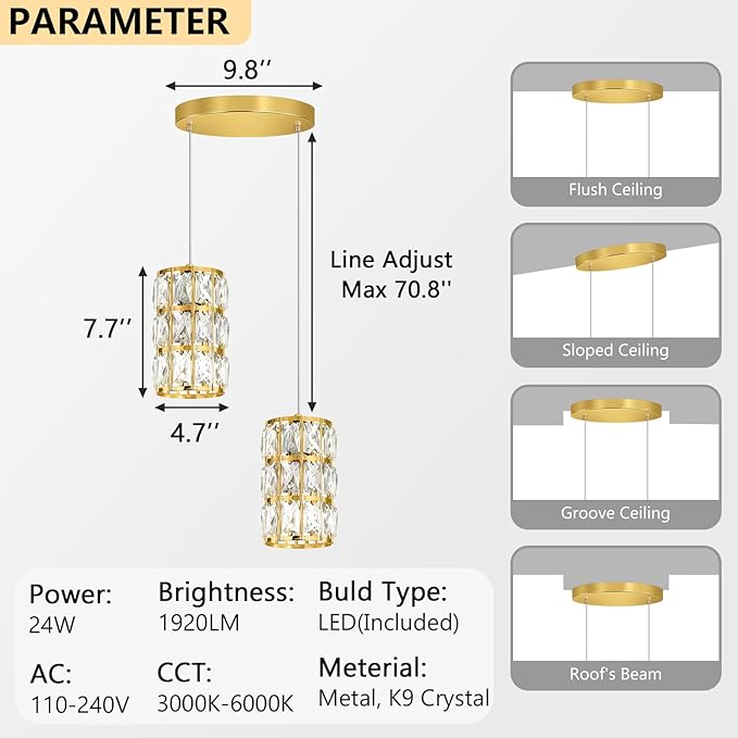 2-Lights Modern Crystal Pendant Lights for Kitchen Island LED Dimmable Glam Pendant Lighting Chandelier for Dining Room Hallway Corner Lamp Gold
