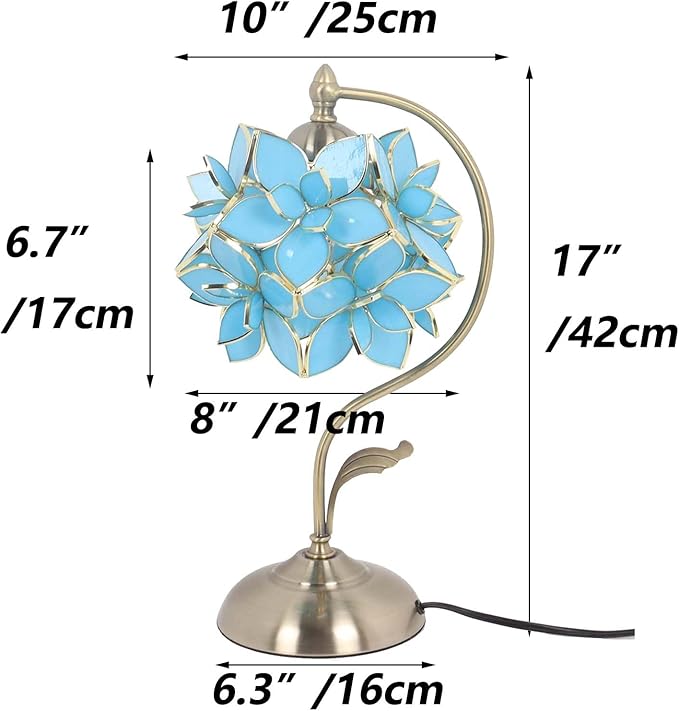 Bieye L11022 Tiffany Style Stained Glass Flower Petal Table Lamp with Brass Base for Home Décor (Sky Blue, 8" Rose Lily)