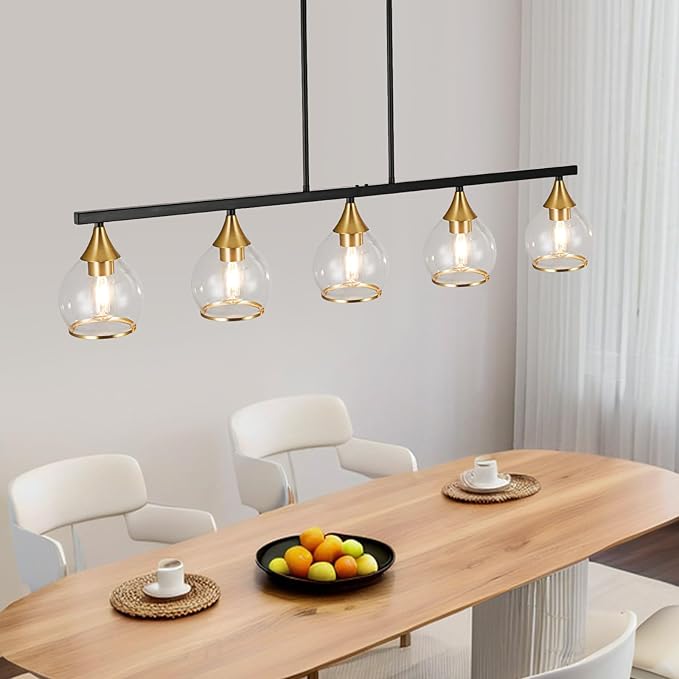 Island Light for Kitchen, 5-Light Black Kitchen Island Linear Hanging Pendant Chandeliers, Black and Gold Dining Room Light Fixture Over Table with Clear Round Glass Shades