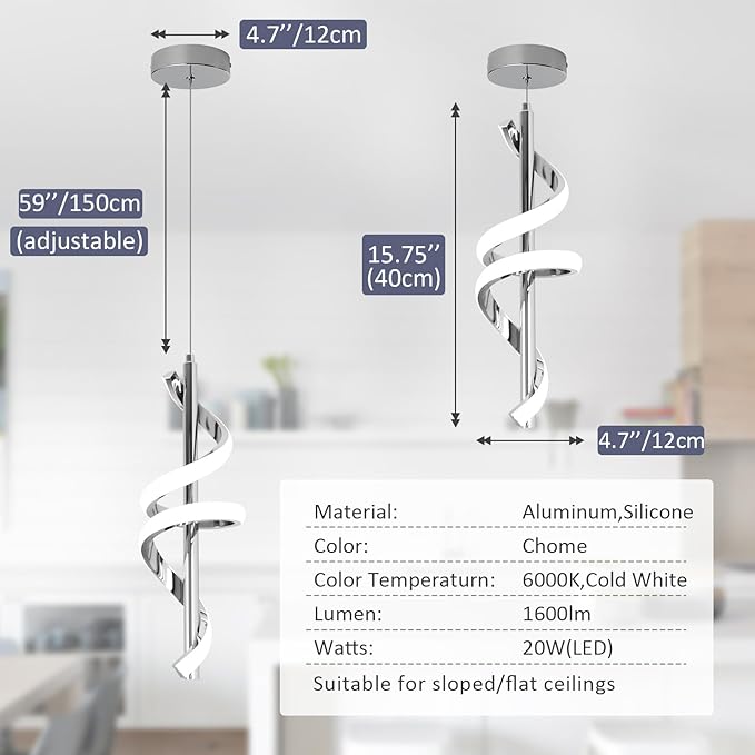 CANEOE Modern Pendant Light Kitchen Island Lighting 6000K Chrome LED Pendant Light Fixtures Over Island Adjustable Height Pendant Lighting for Kitchen Island Dining Room Bedroom Pendant Lamp,1 Pack