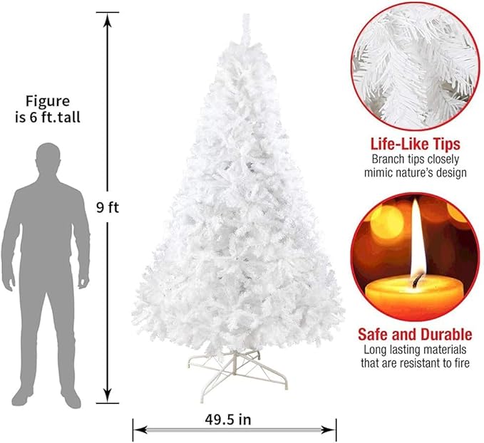 PLKO 9FT Artificial Holiday Christmas Tree，Artificial Christmas Tree Xmas Pine Tree with Stand and Soft White Branch for Holiday Indoor Outdoor,1850Tips(White)