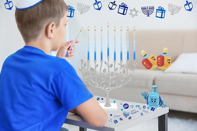 The Dreidel Company 45 Metallic Hanukkah Frosted Premium Tapered Hand Decorated Chanuka Candles (Metallic Silver w/Blue Frost) (24-Pack)