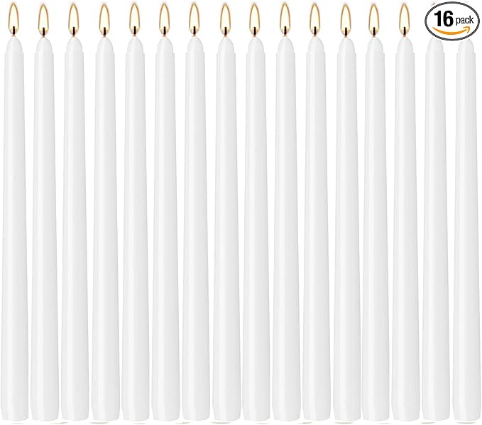 16 Pack White Taper Candles, 7-8 Hours Burn Time, Unscented, Smokeless and Dripless, 4/5 x 10 Inch for Christmas,Household,Dinner,Wedding,Valentine's Day,Party and Home Décor Candlesticks