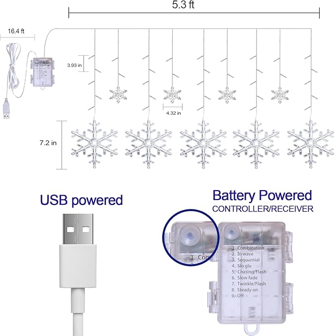Christmas Snowflake Lights Decorations, 5.3FT Remote&Time 8 Light Mode with Battery Powered 112 White LED Window Curtain Lights for Tree, Eaves, Garden, Yard, Indoor Outdoor Xmas Lamp Decor