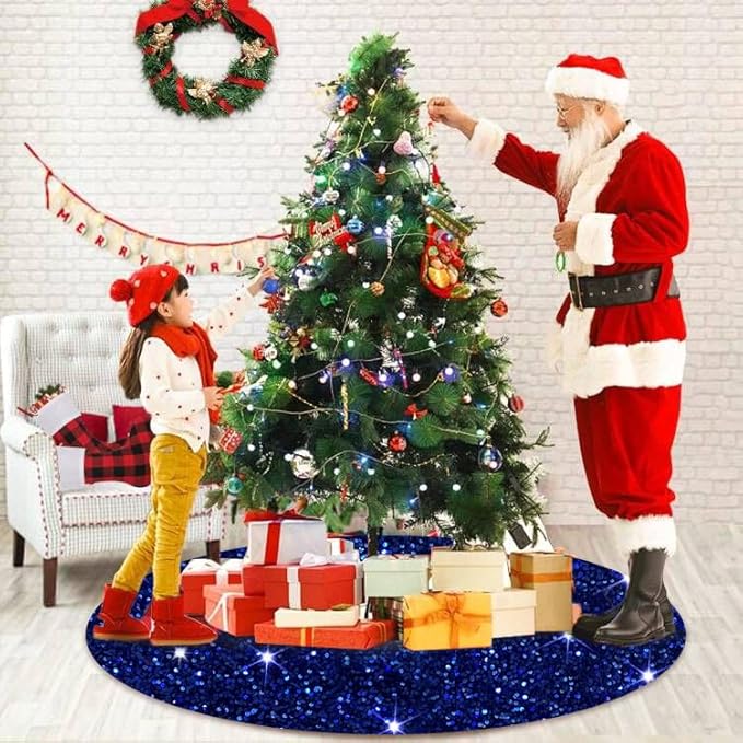Royal Blue Christmas Tree Skirt 46 Inch Round Sequins Xmas Tree Skirt Sparkling Velvet Tree Skirts Cover Shimmer Tree Floor Mat Embroidered Tree Skirts for Christams Tree New Year Decor