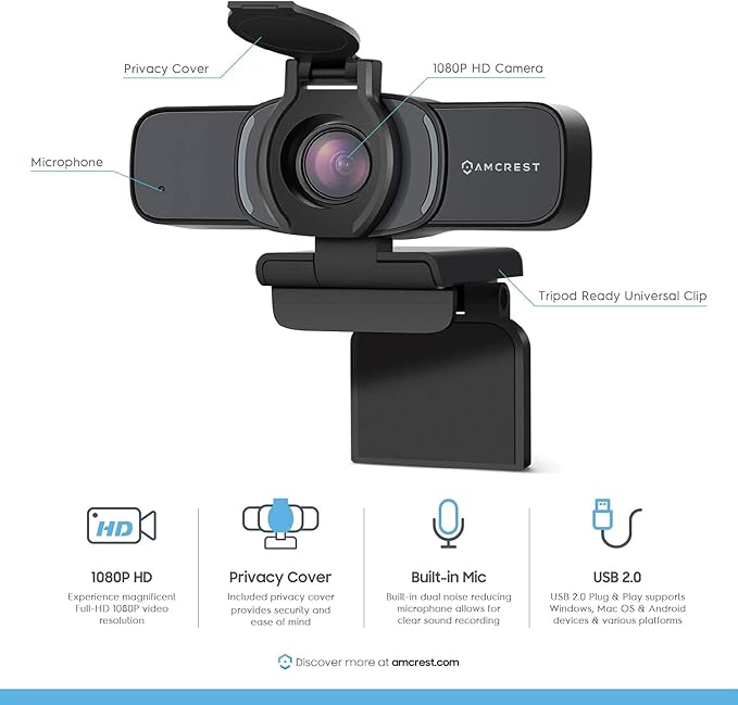 Amcrest 1080P Webcam with Microphone & Privacy Cover, Web Cam USB Camera, Computer HD Streaming Webcam for PC Desktop & Laptop w/Mic, Wide Angle Lens & Large Sensor for Superior Low Light (AWC201-B)