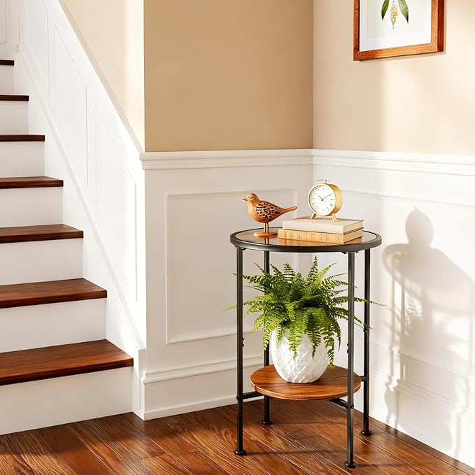 Industrial Round Tempered Glass Side Table, 2 Tier Glass Top End Table with Rustic Wood Shelf, Small Black Nightstand,Bedside Table with Metal Frame for Living Room, Bedroom, Small Spaces