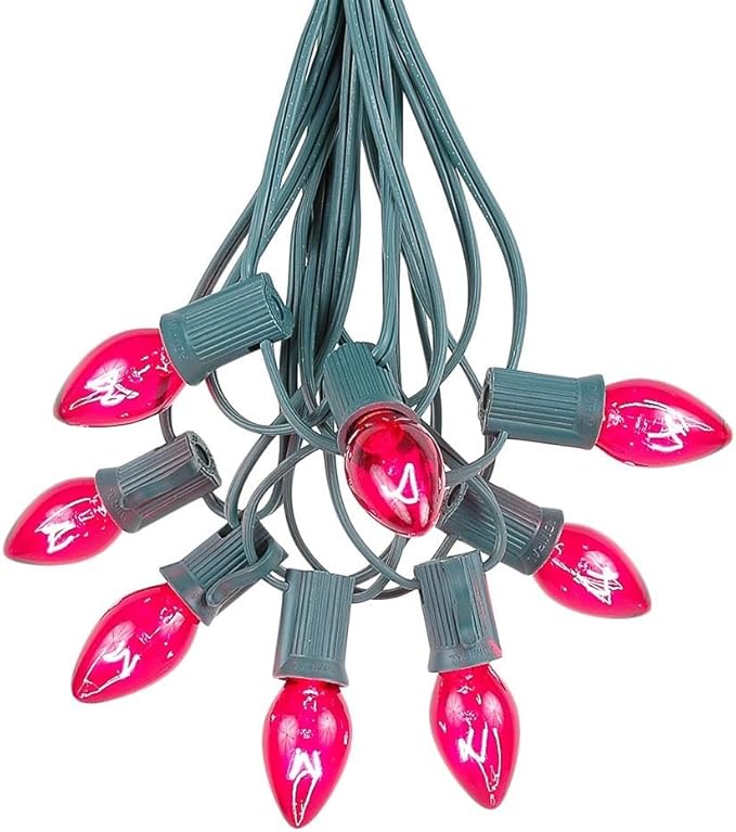 Novelty Lights C7 Pink Christmas Lights Set - Indoor/Outdoor Christmas Light String Hanging Christmas Lights - Outdoor Patio String Lights - Green Wire - 25 Foot