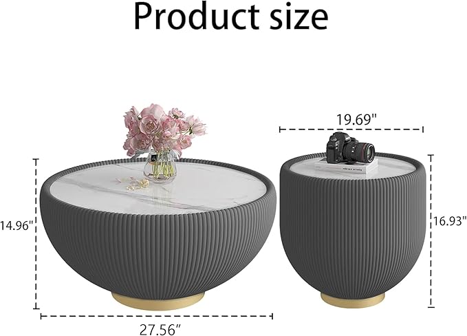 Round Living Room Table Set, 27.56" Grey Drum Center Table and 19.69" Grey Coffee Table Set, 2 Pieces Coffee Table Set with Sintered Stone Tabletop, Fluted PU Leather Covered and Metal Base