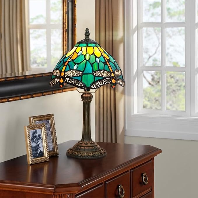 Tiffany Lamp Style Stained Glass Table Lamp Teal Dragonfly Green Bedroom Bedside Light for Office Dorm Bar Decor Retro Unique Cute fun Small Night Light Gift Aesthetic Accent Village Nightstand Lamps