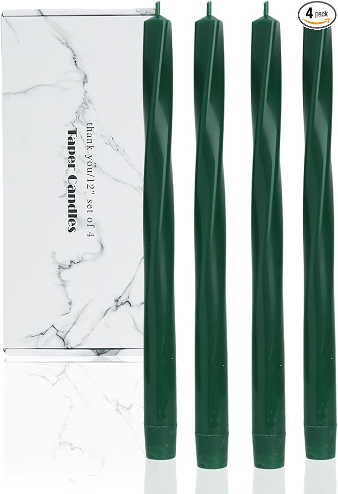 Tall Taper Candles Spiral Taper Candles Candlestick Unscented Christmas Party Gift Winter Holiday Dinner Table Decorations,12 inch,Set of 4,G,Drak Green