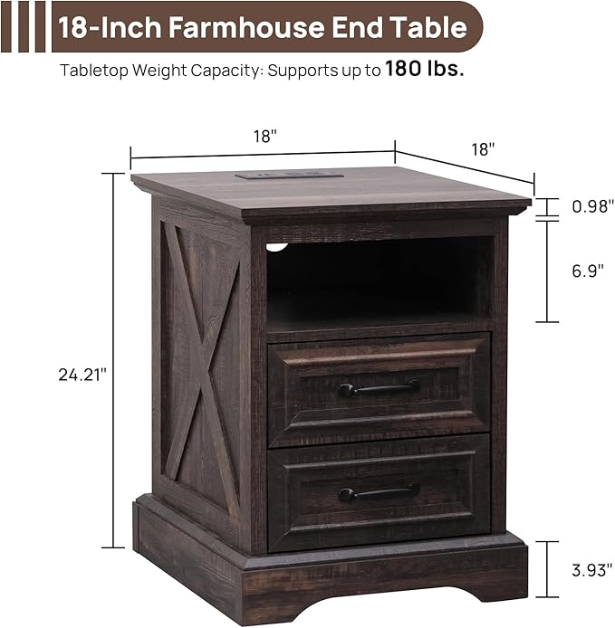 ALBAD Farmhouse Nightstand with Charging Station Rustic Bedside Table with 2 Drawers and Cubby Storage End Table with Metal Handle for Bedroom Office, Walut Brown