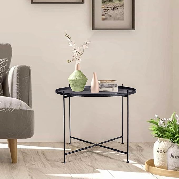 Modern Metal End Table, Round Side Table Indoor/Outdoor, Living Room Small Coffee Table (Black, 1-Tier 23.6")