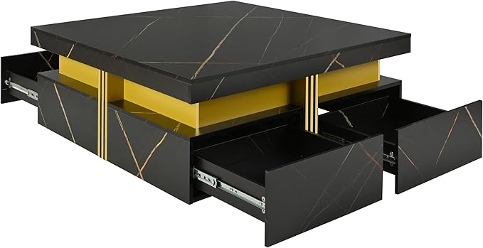 Merax 43.3" Modern Square Storage Coffee Table with 4 Drawers, with Marbling Gold Accents, Functional Center Tables for Living Room Apartment, Black