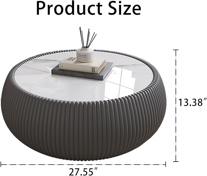27.55" Grey Round Coffee Table, Drum Coffee Table with Sintered Stone Tabletop and Fluted PU Leather Covered and Stable Base, Circle Cocktail Tea Table for Living Room