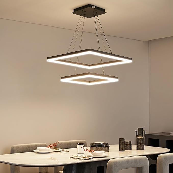 LED Pendant Light Fixture for Dining Room, 3000K-6500K Dimmable Modern Chandelier, Adjustable Height, 2 Layer Square Minimalist Ceiling Hanging Lamps for Kitchen Island, Living Room, Foyer