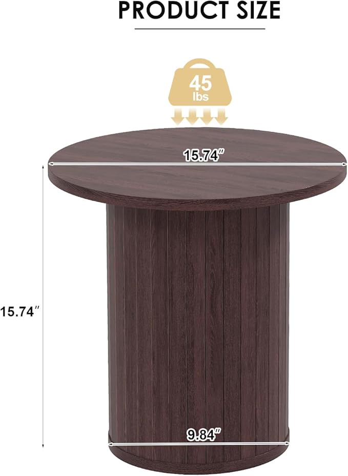 COSVALVE Round Wood Fluted End Table, 15.7“ Circle Farmhouse Side Table Sets for Living Room, Bedroom, Balcony, Small Spaces, Walnut