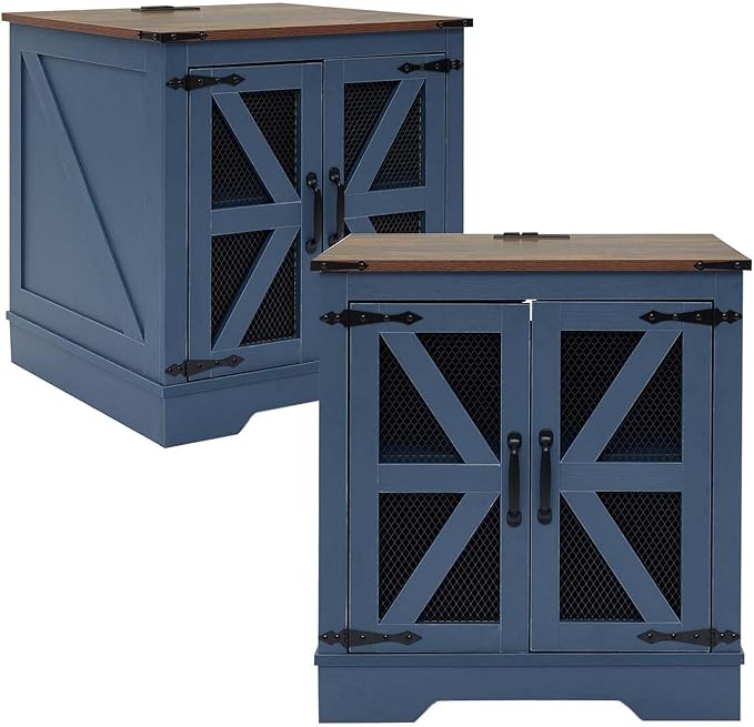21.1" Farmhouse End Table Set of 2 with Charging Station and Mesh Barn Door, Rustic Wood Nightstand with Storage Shelf for Living Room & Bedroom, Navy Blue