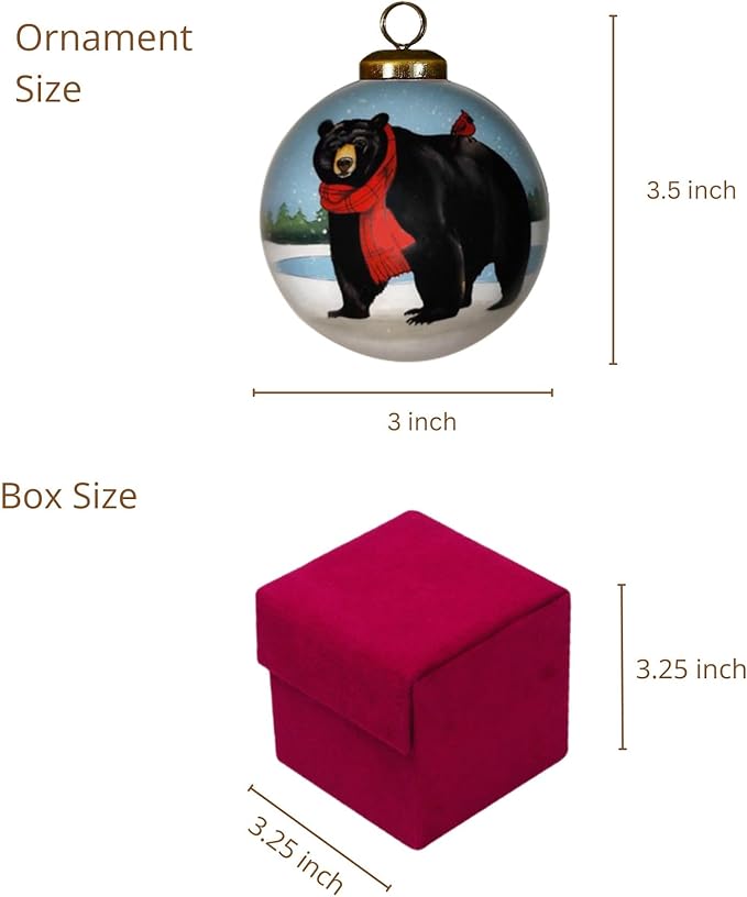 Black Bear Christmas Ornament with Red Scarf and Cardinal – Hand-Painted Glass Wildlife Ornament for Woodland Holiday Décor, Rustic Cabin Theme