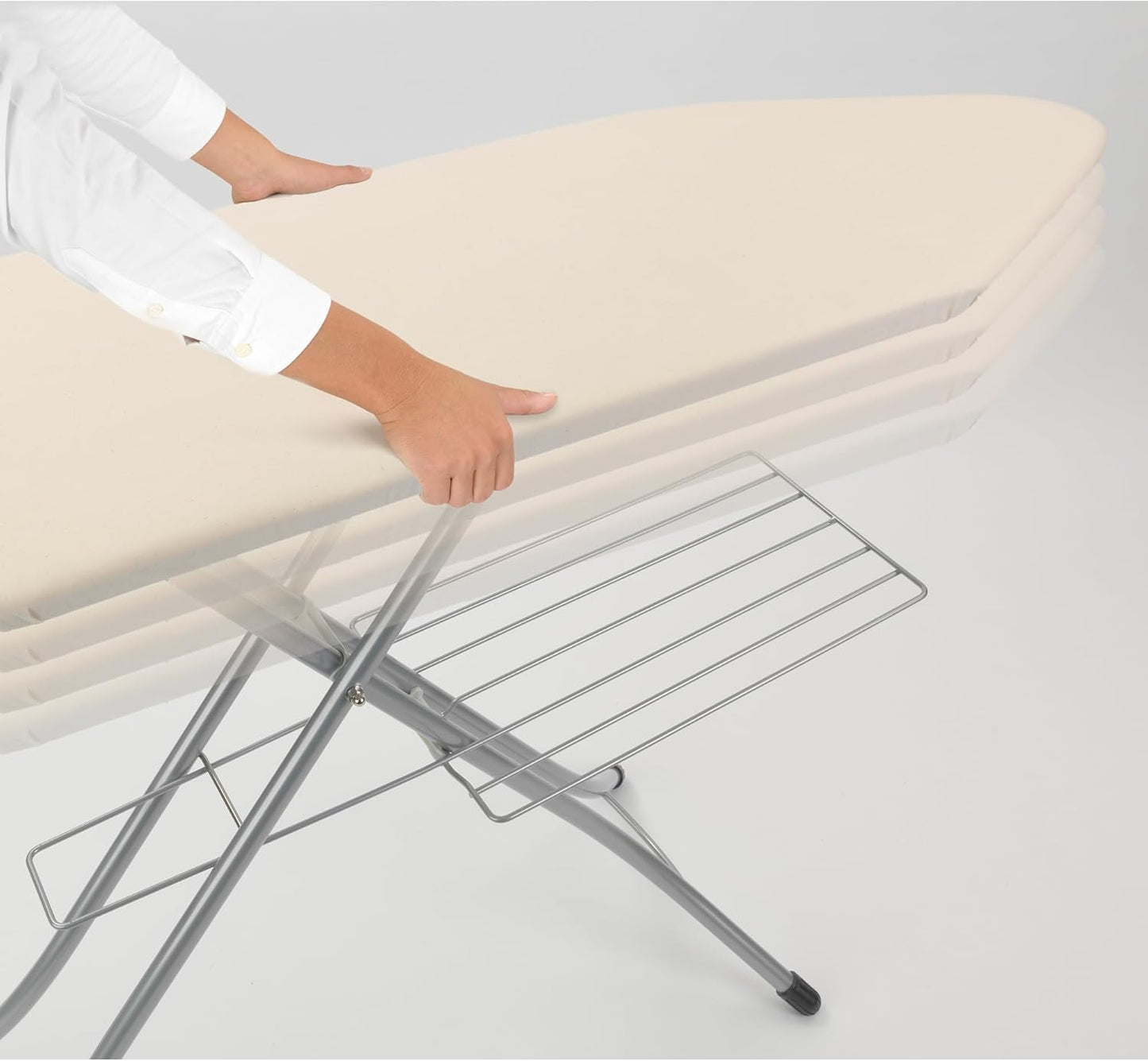 Brabantia Size C Ironing Board (49 x 18in) 7 Height Options, Solid Steam Iron Rest Holder & Linen Rack & Cord Holder (Ecru) Non-Slip Feet, Anti-Collapse Child Locks